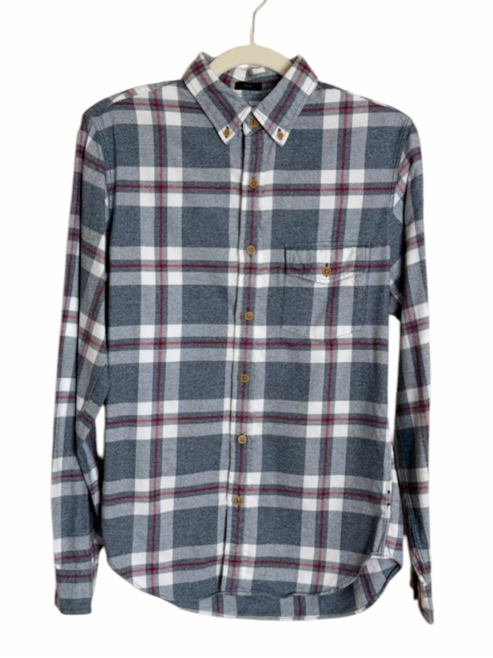 J. Crew Gray and White Plaid Button-Down Shirt with Burgundy Accents.